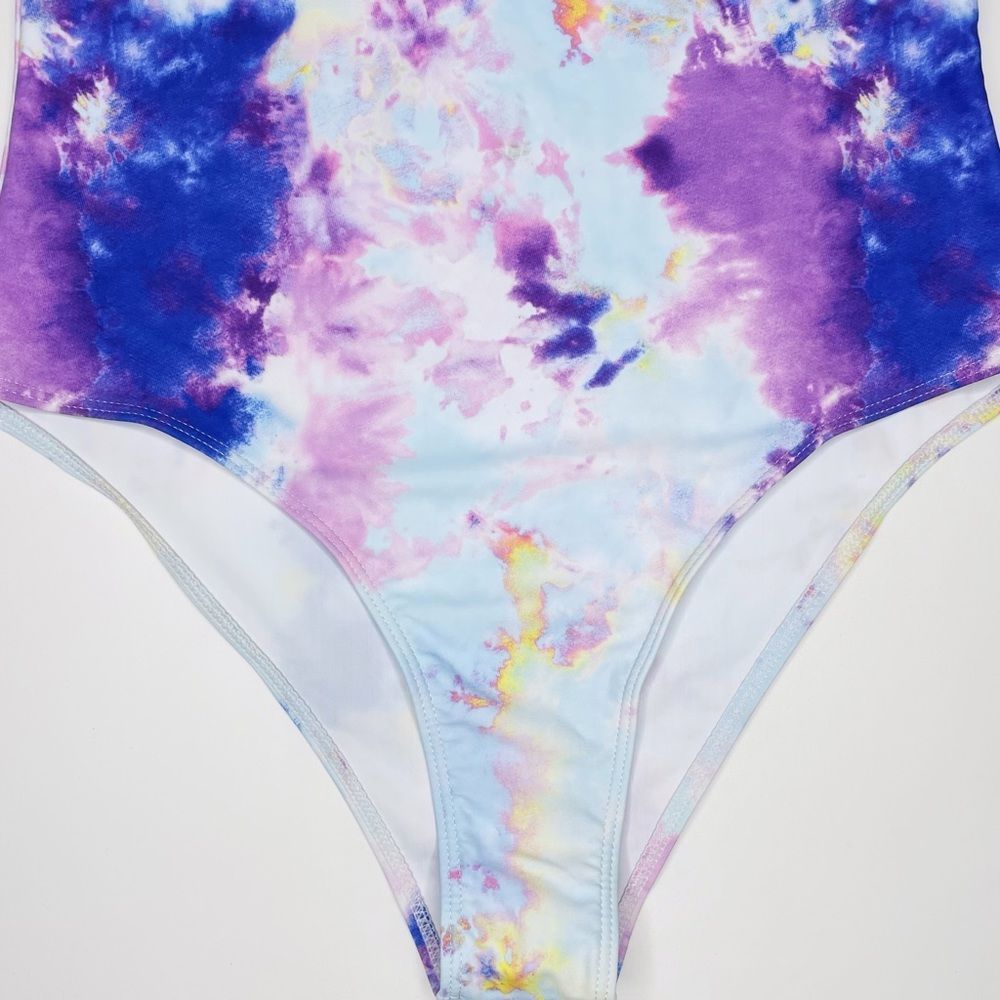 SOLD NWOT Shein Tie Dye Keyhole One Piece Swimsuit Blue Purple Size Large - Picture 11 of 14